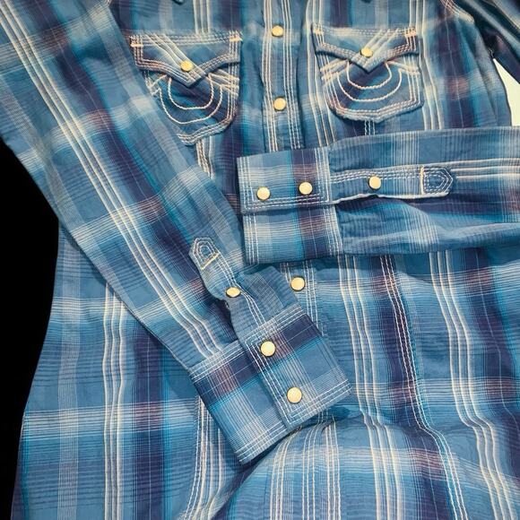 True Religion Top Womens XS Blue Plaid Pearl Snap Yoked Western Rodeo Riding - Picture 16 of 16